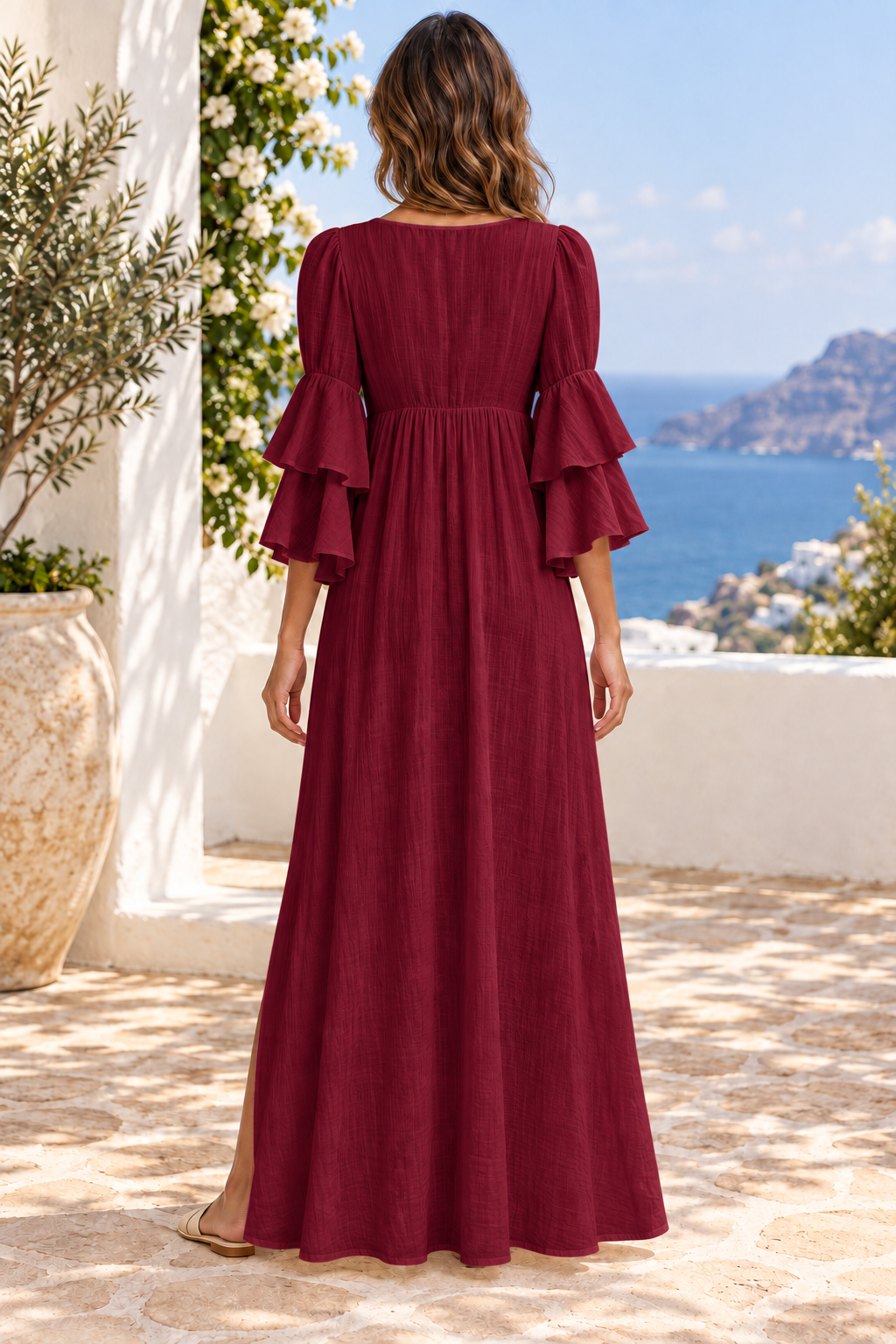 Tiered ruffle sleeves high slit V-neck maxi dress in Burgundy — back full-length view