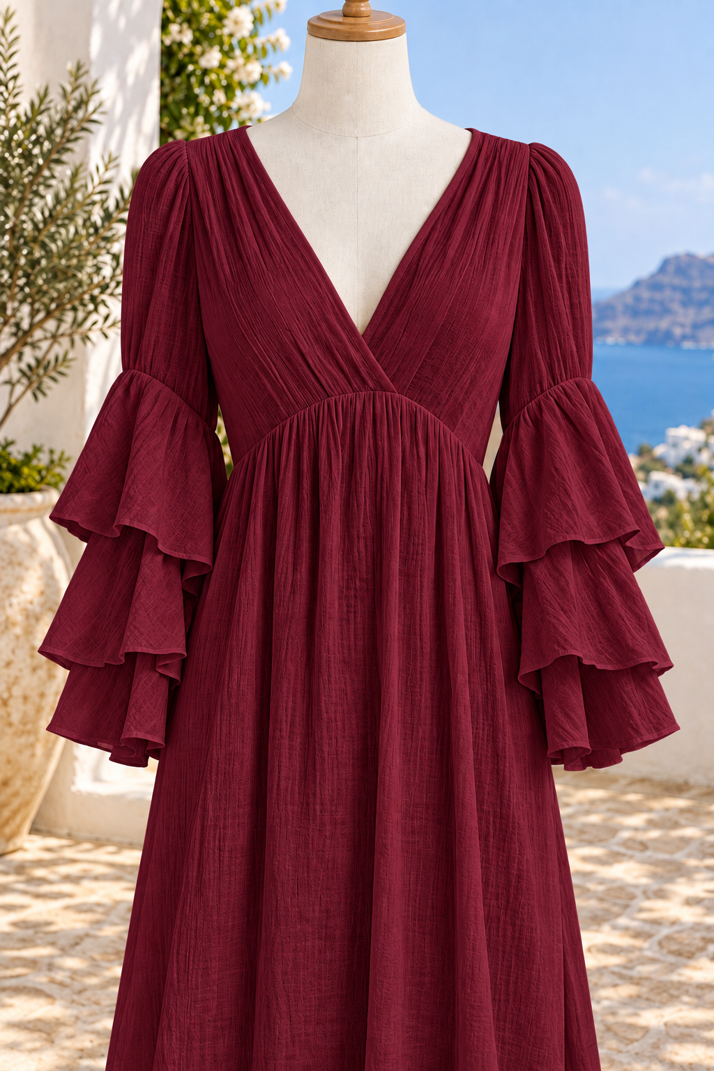 Tiered ruffle sleeves high slit V-neck maxi dress in Burgundy — fabric and construction detail