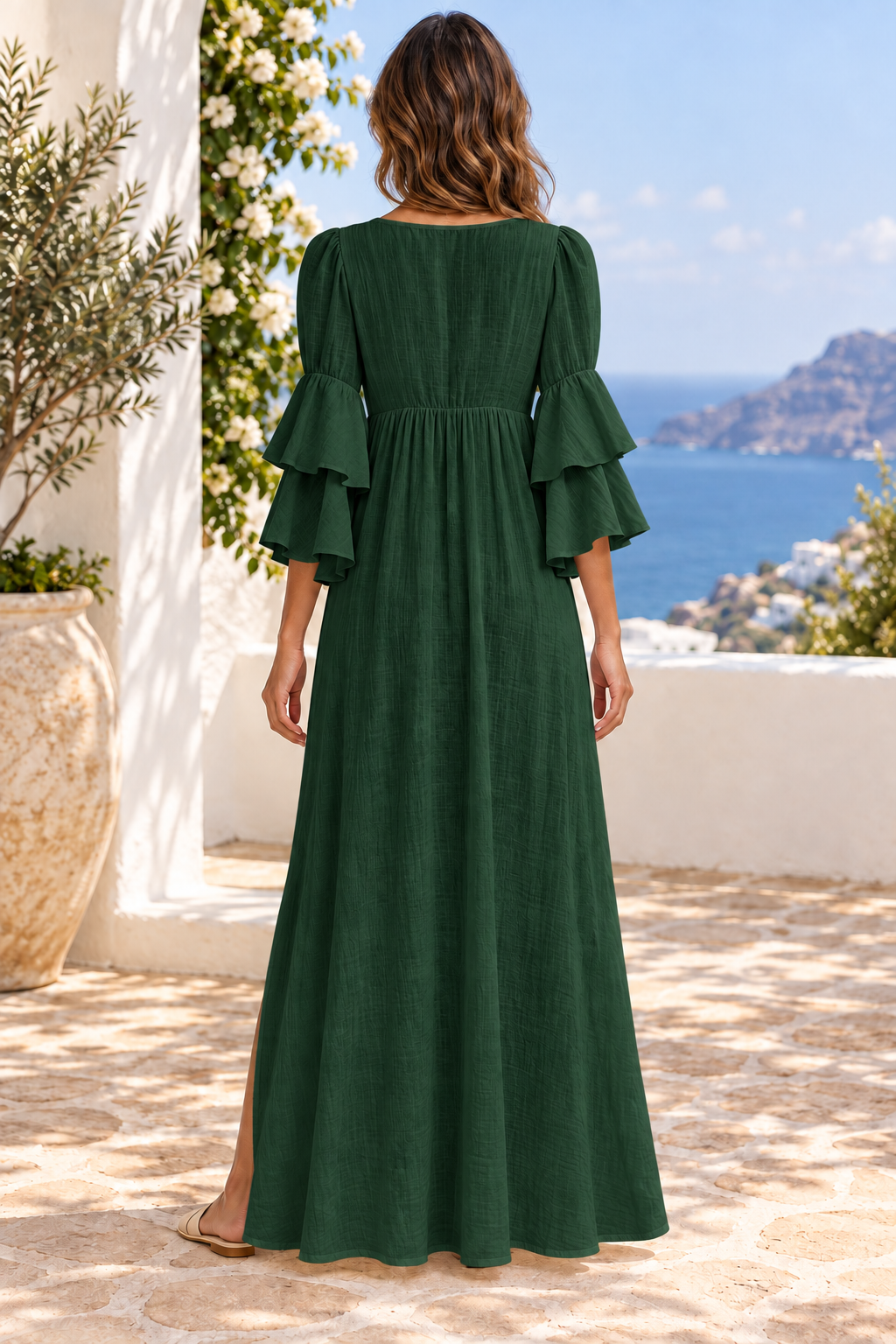 Tiered ruffle sleeves high slit V-neck maxi dress in Dark Green — back full-length view