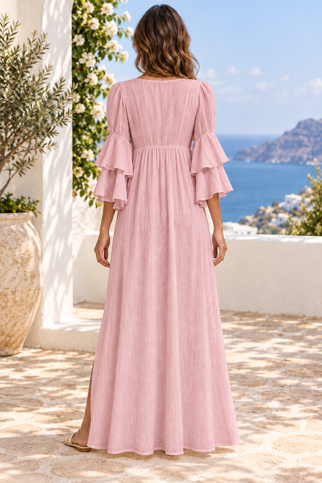 Tiered ruffle sleeves high slit V-neck maxi dress in Dusty Pink — back full-length view