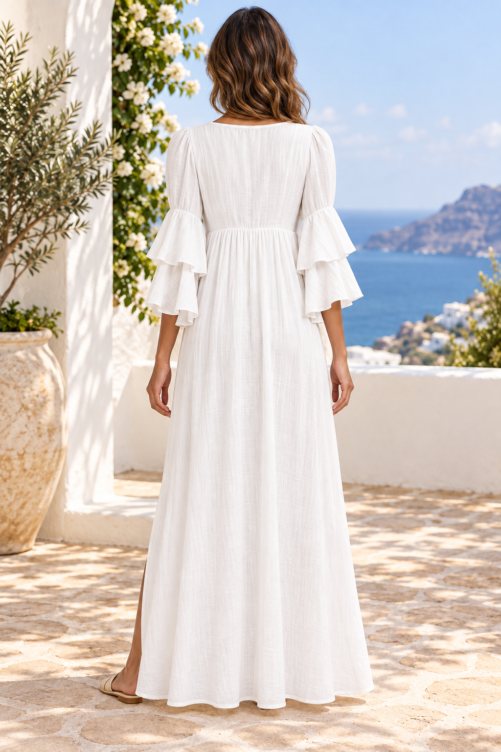 Tiered ruffle sleeves high slit V-neck maxi dress in White — back full-length view